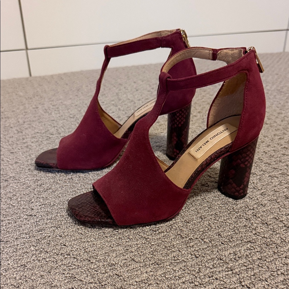 ANTONIO MELANI Wine Burgundy Suede T-Strap Block Heel Sandals